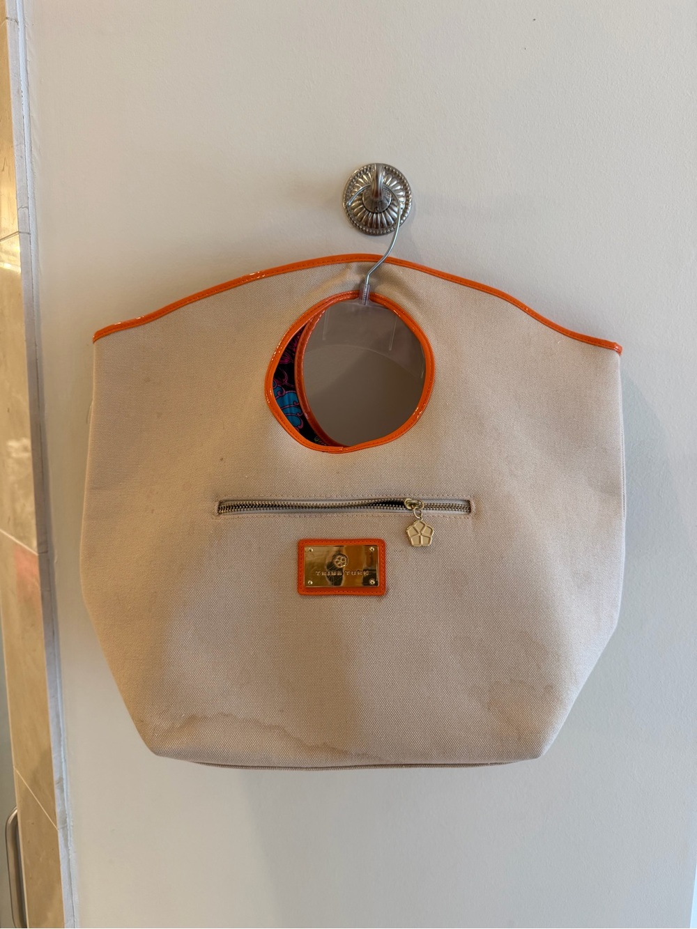 Trina Turk Cream Canvas Tote with Orange Trim